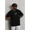 Unisex Oversize Baskılı Bisiklet Yaka T-Shirt - Siyah