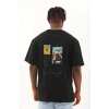 Unisex Oversize Baskılı Bisiklet Yaka T-Shirt - Siyah