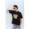 Unisex Oversize Baskılı Bisiklet Yaka T-Shirt - Siyah