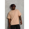 Unisex Oversize Düz Bisiklet Yaka T-Shirt - Bej