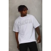 Unisex Oversize Taşlı Bisiklet Yaka T-Shirt - Beyaz