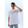 Unisex Oversize Taşlı Bisiklet Yaka T-Shirt - Beyaz