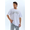 Unisex Oversize Taşlı Bisiklet Yaka T-Shirt - Beyaz