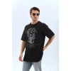 Unisex Oversize Taşlı Bisiklet Yaka T-Shirt - Siyah