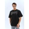 Unisex Oversize Taşlı Bisiklet Yaka T-Shirt - Siyah
