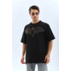 Unisex Oversize Taşlı Bisiklet Yaka T-Shirt - Siyah