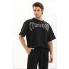Unisex Oversize Taşlı T-Shirt - Siyah