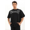 Unisex Oversize Taşlı T-Shirt - Siyah