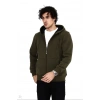 Erkek 3 İplik Pamuklu Tam Fermuarlı Kapüşonlu Kanguru Cepli Düz Hoodie Sweatshirt - Haki