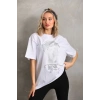 Unisex Taş Desenli Oversize T-Shirt - Beyaz