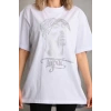 Unisex Taş Desenli Oversize T-Shirt - Beyaz