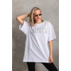 Unisex Taş Desenli Oversize T-Shirt - Beyaz