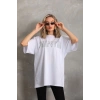 Unisex Taş Desenli Oversize T-Shirt - Beyaz