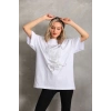 Unisex Taş Desenli Oversize T-Shirt - Beyaz