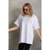 Unisex Taş Desenli Oversize T-Shirt - Beyaz