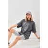 Unisex Taş Desenli Oversize T-Shirt - Füme