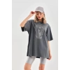 Unisex Taş Desenli Oversize T-Shirt - Füme