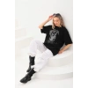 Unisex Taş Desenli Oversize T-Shirt - Siyah