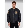 Erkek Siyah Bomber Kolej Mont – B Harfi ve Kemik Baskılı, Su İtici Kumaş, Kapitone Astarlı Fermuarlı Ceket - Siyah