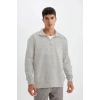 Unisex Uzun Kol Yarım Farmuarlı Yakalı Basic SweatShirt - Gri