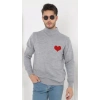 Erkek Yarım Bağazlı Kazak Kalp Baskılı Dokuma Triko - Gri