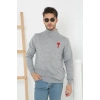 Erkek Yarım Bağazlı Kazak Baskılı Dokuma Triko - Gri