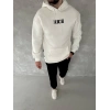 Uzun Kol Kapüşonlu Göğüs Baskılı SweatShirt - Beyaz