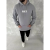 Erkek 3 İplik Pamuklu Kapüşonlu Kanguru Cepli Baskılı Oversize Hoodie Sweatshirt - Gri