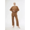 Uzun Kollu Organik Yıkanmış Kumaş Fitilli Pantolonlu Takım - Kahve