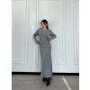 V Yaka Fitilli Uzun Elbise- Gri