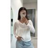 Kadın V Yaka uzun Kollu Triko ince Bluz - Beyaz