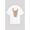 Yılbaşı Noel Başlıklı Serçe Parmak Baskılı Oversize Bisiklet Yaka T-shirt - Beyaz