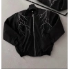 Unisex Siyah Bomber Mont – Beyaz Şimşek Desenli, Fermuarlı Cepli, Kapitone Astarlı Sokak Stili Günlük Ceket - Siyah