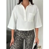Z Krep Kadın Crop Yakalı Gömlek İlik Düğmeli Üç Çeyrek Sleeve Kol - Beyaz