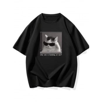Neden Bana Bakıyorsun? Komik Kedi Grafik Tişört - Dijital Baskılı Siyah Bol Kesim Streetwear Tişört, Erkekler için Dört Mevsim Günlük Gömlek - Siyah