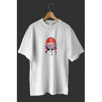 1 Mayıs Emek ve Dayanışma Günü Baskılı Oversize Bisiklet Yaka T-shirt - Beyaz