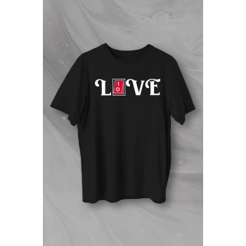 14 Şubat Sevgililer Günü Love Baskılı Oversize Bisiklet Yaka T-shirt - Siyah