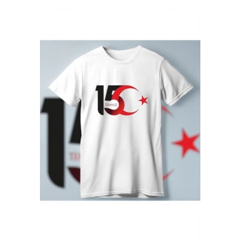 15 Temmuza Özel Tasarım Ay Yıldız Baskılı T-shirt - Beyaz