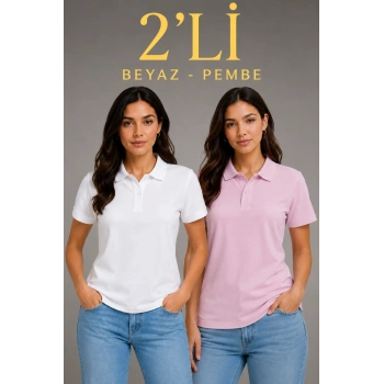 2li Kadın Polo Yaka Pike Kumaş Düğmeli Basic Tişört Günlük Rahat Kesim - Beyaz, Pembe