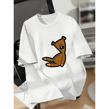 20/1 Penye Compack Ayı Baskılı Oversize Bisiklet Yaka Kısa Kol T-shirt - Beyaz