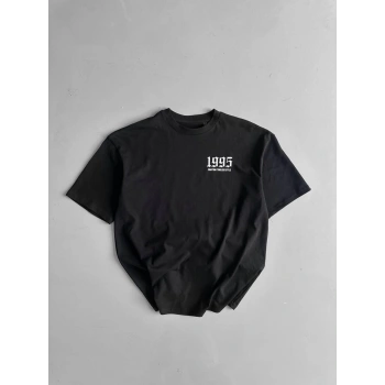 20/1 Penye Compack Baskılı Oversize Bisiklet Yaka Kısa Kol Yazlık T-shirt - Siyah