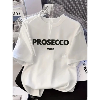 20/1 Penye Compack Baskılı Oversize Kısa Kol Bisiklet Yaka T-shirt - Beyaz