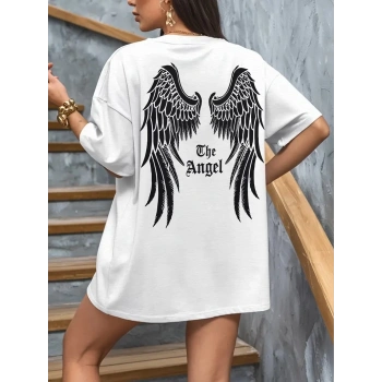 20/1 Penye Compack Dark Angel Baskılı Oversize Kısa Kol Yazlık T-shirt- Beyaz