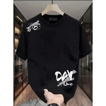 20/1 Penye Compack Day One Baskılı Oversize Bisiklet Yaka T-shirt - Siyah