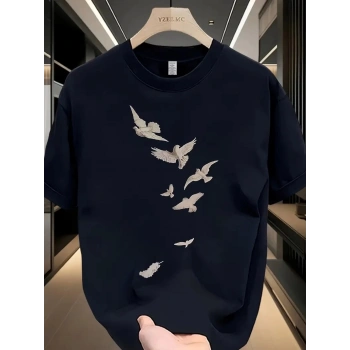 20/1 Penye Compack Özgür kuşlar Baskılı Baskılı Oversize Bisiklet Yaka T-shirt - Beyaz