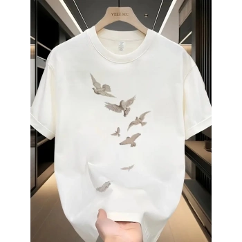 20/1 Penye Compack Özgür kuşlar Baskılı Oversize Bisiklet Yaka T-shirt - Beyaz