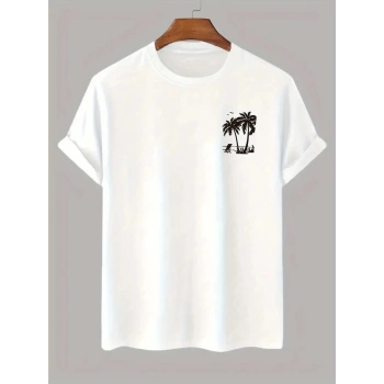 20/1 Penye Compack Palmiye Baskılı Oversize Bisiklet Yaka Kısa Kol T-shirt - Beyaz