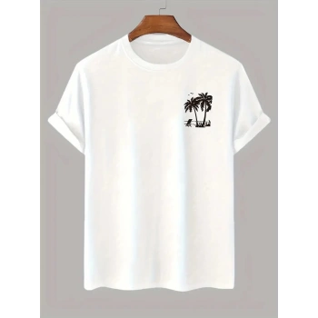 20/1 Penye Compack Palmiye Ön Baskılı Oversize Bisiklet Yaka Kısa Kol Yazlık T-shirt - Beyaz