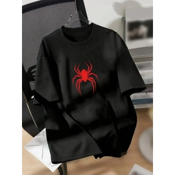 20/1 Penye Compack Spider Baskılı Oversize Unisex Kısa Kol Yazlık T-shirt - Siyah