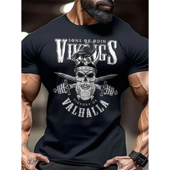 20/1 Penye Compack Vikings Valhalla Baskılı Oversize Bisiklet Yaka T-shirt - Siyah